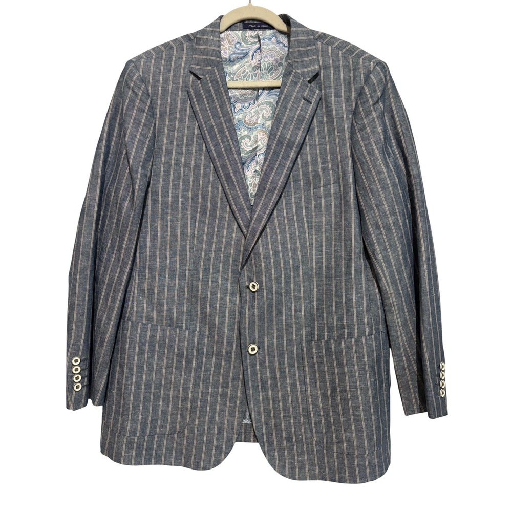 Light Blue Pinstripe Linen Blend Blazer Sport Coat Paisley Lining Mens Sz L a